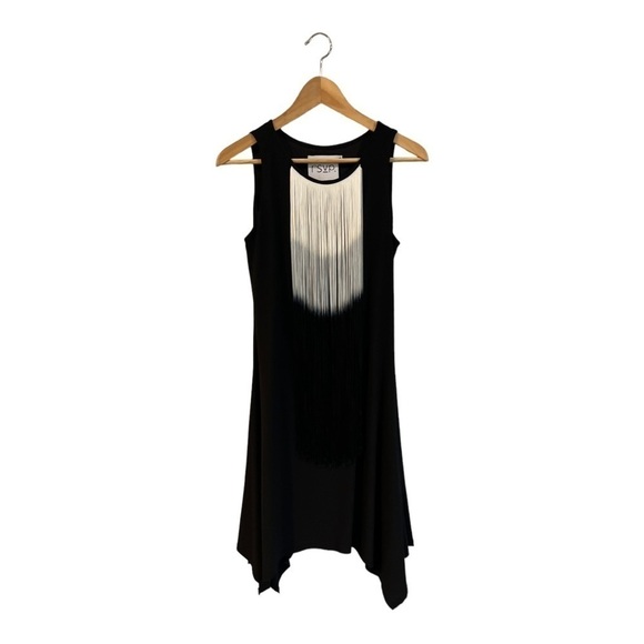 RSVP Fringe Neck Asymmetric Dress Size 6 Black White Shift - Picture 3 of 6